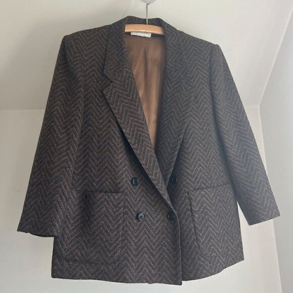 Vintage Evan Picone Herringbone Double Breasted Blazer Jacket Patch Pocket Brown - Picture 6 of 8